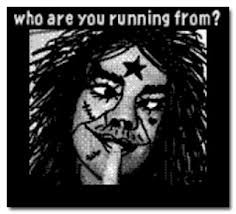 Unknown man whose face and hair have been heavily drawn over in a childlike manner, giving it an intentionally creepy appearance. Caption reads: who are you running from? This was one of several Easter eggs that came with the Gameboy Camera.