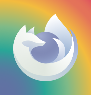 A purplish-white FireFox logo over a rainbow backdrop