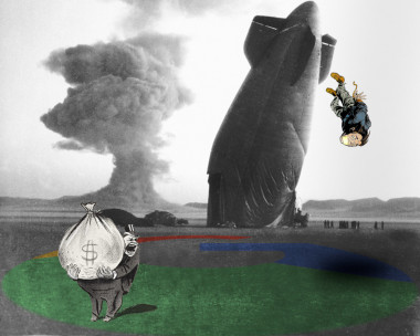 A black-and-white photo of a nose-first zeppelin crash. The foreground has a huge Google 'G' logo. In the middle of it stands a choleric boss in a top hat, holding a giant money-bag and shouting over his shoulder at the disaster behind him. A bound and gagged figure has been thrown from the zeppelin and plummets towards the earth, his eyes full of terror.