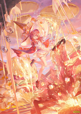 Chiyu, a red-haired fiery SynthV voice character, is dressed up like a witch with giant chunks of food on her witch hat. She is using magic to stand in midair above some splashing molten liquid and more large chunks of food. She appears to be cooking giant fully-assembled hamburgers on the inside of a giant grill with flatbread sandwiches on it and cheese sauce dripping everywhere.