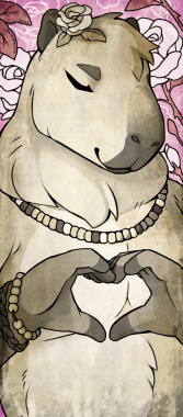 An anthro capybara. He's chubby. He's smiling with his eyes closed and he's making a heart hands gesture in front of his chest. He's wearing a wooden bead necklace, bracelets and a rose tucked above his left ear. He is rendered in a limited sepia palette, and he stands in front of a stylized background with pink roses.