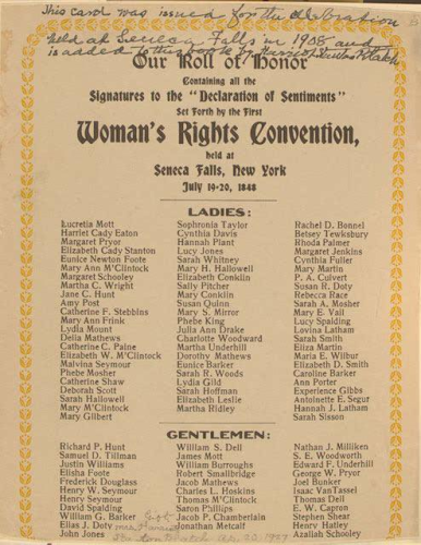 A printed souvenir card of the names of signatories of the Declaration of Sentiments, from the Woman's Rights Convention in Seneca Falls July 19-20, 1848. 
