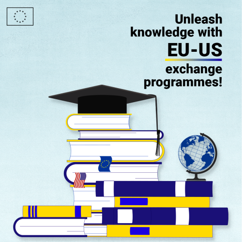 A visual showing a pile of books and two bookmarks one depicting the EU flag, the other the US flag. Next to the book is a globe model. 

On the top-right side, the text "Unleash knowledge with EU-US exchange programmes!".


