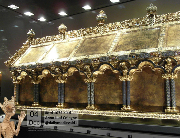 The picture shows a large golden coffin.