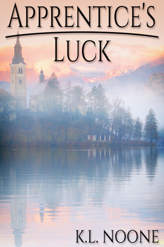 Cover - Apprentice's Luck by K.L. Noone - a sleepy European village on a lake, shrouded by fog, in the early morning, snowy mountains in the background