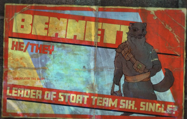 introductory card for the character Bennett, from Dimension 20's show Burrow's End. Bennett is a dark grey-brown stoat who is wearing a bandolier of small leather pouches, as well as a golden yellow sash around his waist. He's standing completely upright like a humanoid and has scars on his shoulder and ear. He's got a sly crooked smirk on his face.