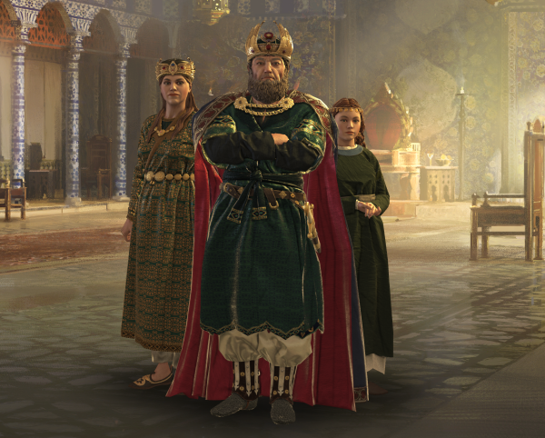 an elderly, bearded but resplendent emperor stands proudly in front of his younger niece-wife and his 13 year old daughter and heir.