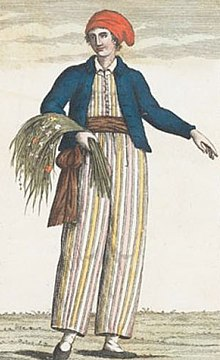 An imagined portrait of Jeanne Baret dressed in men's clothing. She wears a red cap, a blue jacket and a striped yellow jumpsuit.