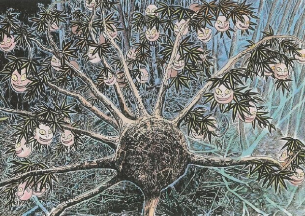 Illustration depicting a tree with fruits that look like smiling human heads.