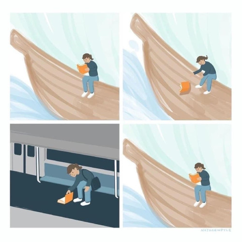 1. A person reading a book, perched on the edge of a boat. 
2. They drop their book. 
3. They are in reality sitting in a subway car, the book has fallen to the carriage floor. 
4. They are once more reading the book, sitting on the boat. 