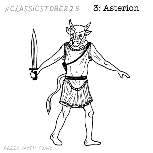 A lineart drawing of Asterion the Minotaur with armour and a sword.