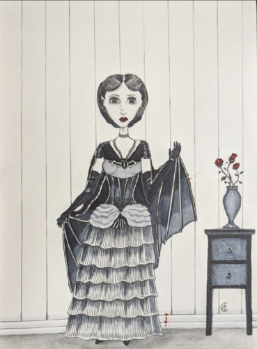 Black and White Art with Red Accents. A Woman with red lips, in an old fashioned dress and gloves, is wearing a cape and standing in front of the viewer. Her left hand is up & hiding the wall behind her; a single dribble of blood is shown on a baseboard near her feet. A cabinet with a vase and red roses is to her left. 