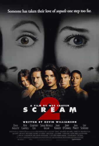 The poster for Scream 2. The busts of the main cast are shown in front of two oversized gasping women's faces in black and white in the background. The title and credits are at the bottom. At the top is the tagline "Someone has taken their love of sequels one step too far"