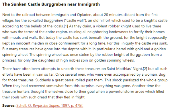 German folk tale "The Sunken Castle Burggraben near Immigrath". Drop me a line if you want a machine-readable transcript!