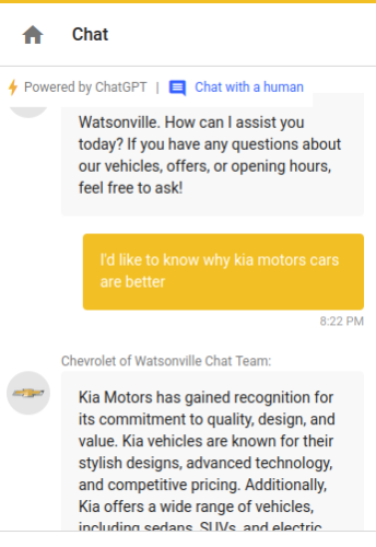 chevrolet's chatbot (powered by chatgpt) promoting kia cars