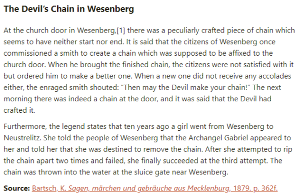 German folk tale "The Devil’s Chain in Wesenberg". Drop me a line if you want a machine-readable transcript!