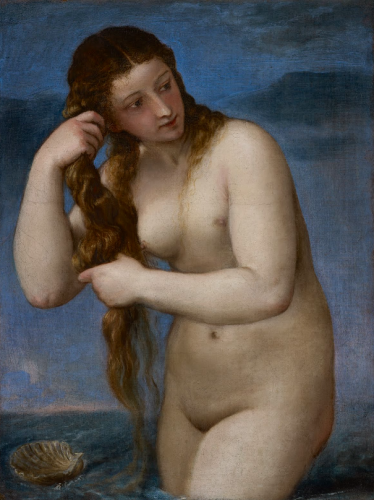 Venus Anadyomene (Greek, 'Venus rising from the sea'), is a c. 1520 oil painting by Titian, depicting Venus rising from the sea and wringing her hair, after her birth fully-grown. Venus, said to have been born from a shell, is identified by the shell at bottom left. 