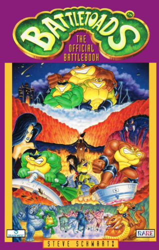 The English book cover of Battletoads: The Official Battlebook. It's purple and the artwork is a bunch of painted scenes from the Battletoads games. 
