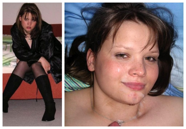 Collage 2 meiner ehemaligen Bilder. Einmal sitze ich mit Fluppe auf dem Bettrand und blicke ungemütlich in die Kamera.
Das andere liege ich im Bett, man sieht nur mein Gesicht voll Sperma am Kinn und Hals.