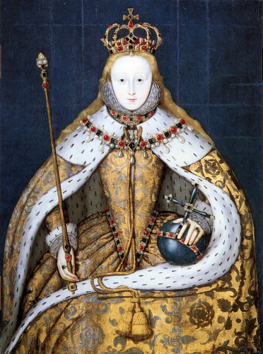 Painted coronation portrait of Elizabeth I from 1559. She looks straight at the viewer with a level gaze, her dark eyes confident. She has her long red-gold hair trailing behind her shoulders, and wears her full coronation regalia. She has a golden cape and gown (which she'd reused from her elder sister's coronation), holding the rod and sphere, and wearing a crown upon her head.
