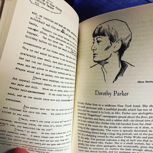 Manuscript page and drawn picture of author Dorothy Parker