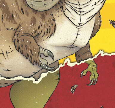 Close up of The Tyrannosaur's Feathers front cover showing the hands of T. rex, one hand has two fingers, while the other, separated by a 'tear' in the paper, has three fingers.