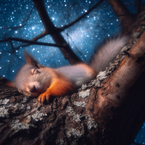 A fluffy squirrel sleeping in a tree, with a starry background.