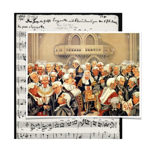 Men in wigs, 18c clothing, overlaid on music manuscript.