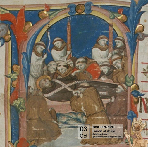 The picture shows Francis on his deathbed surrounded by clergymen