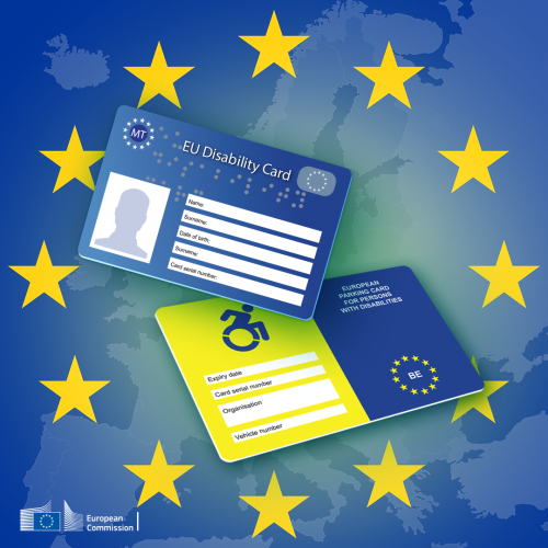 A visual showing the fact-simile models of the EU Disability Card and the European Parking Cards. The first one is blue with a space for a photo and key information, the second one is a 2-colour card with personal information on the left and the identification of the card on the right.

In the background are the stars of the EU flag and the silhouette of the EU.