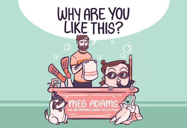Cover art showing Carson holding a towel with the title as a speech bubble. Meanwhile, Meg is in the tub with a snorkel, blowing bubbles.