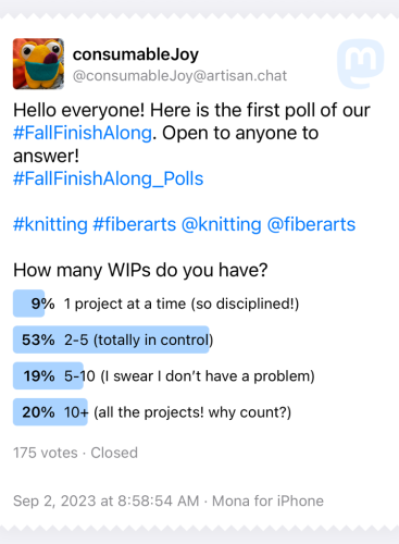 Poll results for how many WIPs do you have
1 — 9%
2-5 — 53%
5-10 — 19%
10+ — 20%