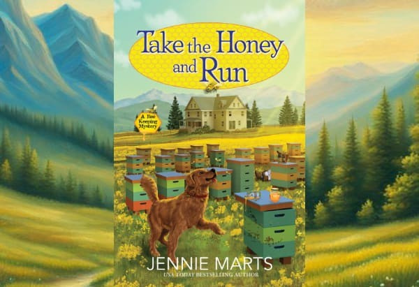 Cover art showing a golden retriever chasing a bee before stacks of colorfully painted beehives.