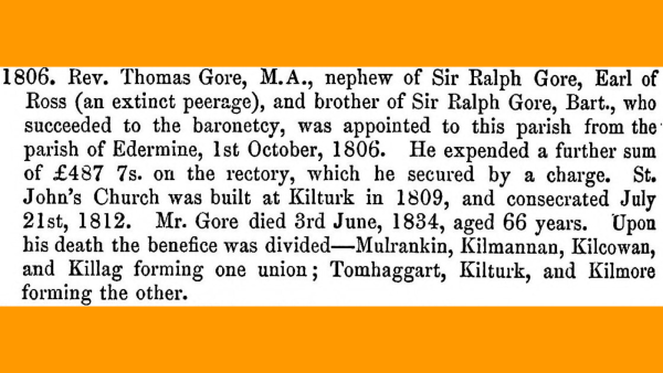 Short biography of Thomas Gore extracted from a list of the ministers of Mulrankin parish.