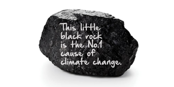 A photo of a lump of coal on a white background. White text on it reads: This little black rock is the No.1 cause of climate change.
