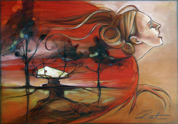Painting done in charcoal and acrylic that is a fairly abstract imaging of a siren. There is a young woman's face seen in profile and streaming out behind her are tendrils of hair and a red garment. Included are birds, roots and birds' feet.