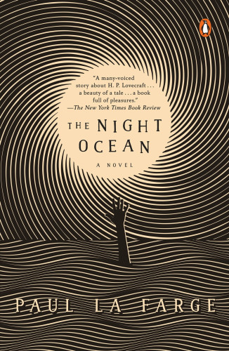 The cover of The Night Ocean by Paul La Farge. Features a black-on-cream woodcut-style illustration of a spiral with the title at the center, while below is an illustration of a rippling body of water, with a hand sticking up out of it, reaching upwards.