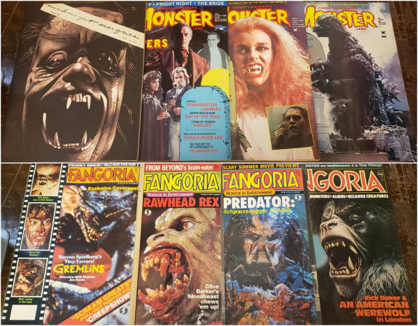 2 wide photos, conjoined – one above the other, each with four 1980s-era horror-movie magazines aligned in parallel and each mag partially overlapping the one to it's right, except the 2 left-most items, which are displayed in full. Each of the two photos was shot at an oblique angle, creating a perspective of the bottom edges being nearer the viewer. Dinner if the covers feature graphic cinematic gore.

Left to right and top to bottom there is 1 issue of Midnight Marquee, 3 different issues of Forrest J. Ackerman's Monster Land, and 4 various issues of Fangoria.

Some of the cover-highlighted films include Anne Rice's "Interview with the Vampire", Godzilla, Ash from the "Evil Dead" series, "Gremlins", "Rawhead Rex", "Predator", and "An American Werewolf in London", along with cover blurbs for dozens of other films and characters.