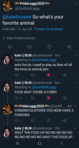 twitter conversation between PrideLeggy2020 (@CertifiedLeggy) (they have a furry avatar) and @KateFooster:

Pride: @KateFooster So what's your favorite animal

kate: arctic fox because I used to play as that mf all the time on animal jam

kate: FUCK WAIT YOU'RE A FURRY

Pride: CONGRATULATIONS YOU NOW HAVE A FURSONA

kate: SHUT THE FUCK UP NO NO NO NO NO NO NO NO NO NO NO SHUT THE FUCK UP