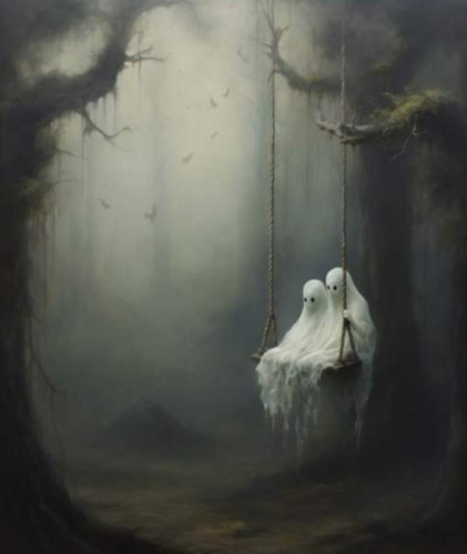 Foggy atmosphere and two ghosts sharing a swing. 