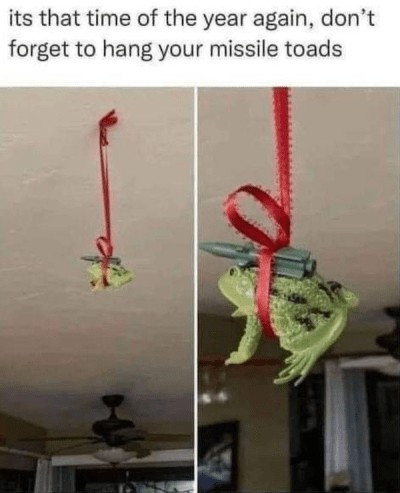 A picture of a toad with a plastic missile hung from the ceiling with the text "its that time of the year, don't forget to hang your missile toad"