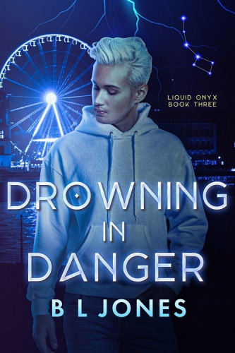Cover - Drowning in Danger by B.L. Jones - Handsome young white man in a gray hoodie with white hair, downcast and looking to the side, ferris wheel at night in the background.