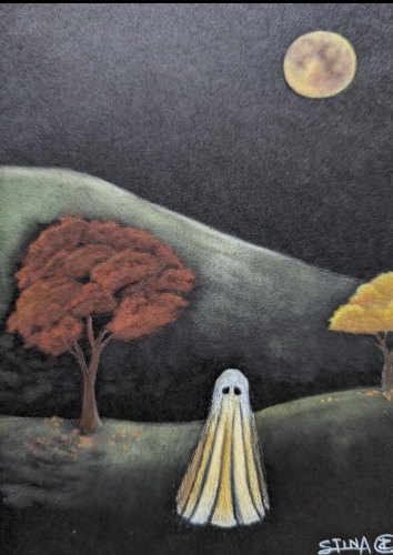 A ghost stands in a field with two trees bursting with fall colors- red, oranges, yellows- while a full moon hangs overhead.