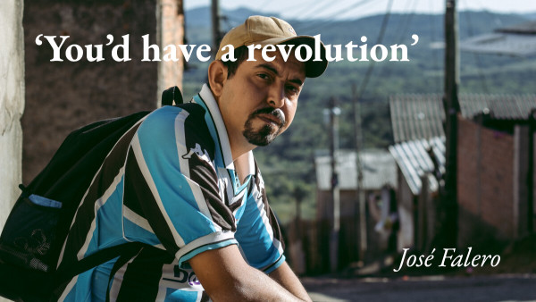 A portrait of the writer José Falero with a quote from interview on the Fictionable podcast: 'You'd have a revolution'