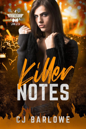 Cover - Killer Notes by CJ Barlowe - Young white man with long straight black hir and green eyes staring at the viewer, wearing a thick black swrater open at the chest, orange crowd in the background
