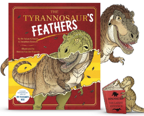 The front cover of The Tyrannosaur's Feathers with the two main characters, Tyrannosaurus and Velociraptor.