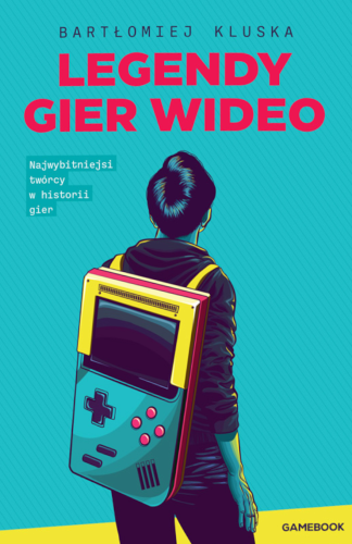 The Polish cover of Legendy Gier Wideo. It's green, showing the back of a student with a backpack in the shape of a Game Boy. 