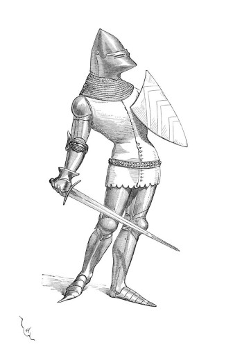 Late fourteenth-Century soldier equipped with a heater shield and a sword and wearing a bascinet, a mail coif, and a jupon