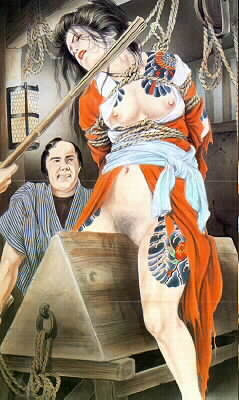 A Japanese woman in traditional kimono is bound and seated on a horse while a man smile and another man off frame abuse her. The image is a painting, and is meant to copy traditional watercolor from the Edo period. 