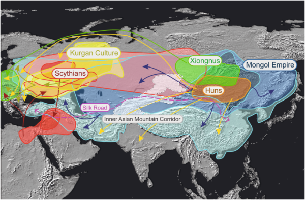 Main migratory and trade movements in Eurasia since the Neolithic. The nomadic mongoloid Xiongnu people established their first empire in the Northern regions of Mongolia between 209 BCE and 93 CE to migrate thereafter to Central Europe, where they mingled with the Franco-Germanic populations. The plotting of arrows indicates general trajectories and do not represent the actual course taken during the movements of populations